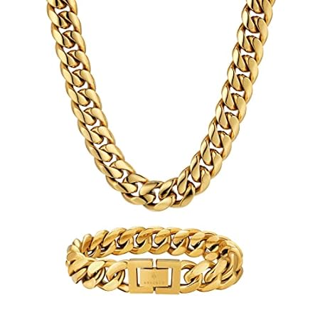 KRKC&CO 喜平ネックレス&ブレスレット 幅12mm メンズ チェーン 4面カット HIPHOP プレゼント 誕生日 (18Kゴールド(61+21))