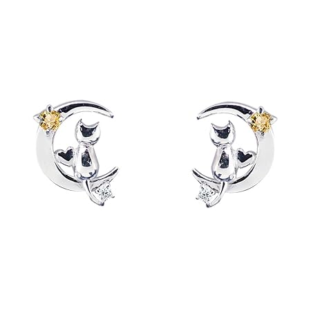 ピアス レディース 猫 三日月 モチーフ シルバー 選べる 誕生石 (11月 シトリン)