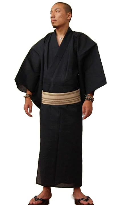 国産高級生地使用 浴衣 4点 セット (浴衣 帯 下駄 腰紐) メンズ 男性用 紳士 綿麻高級生地しじら (M, 黒)