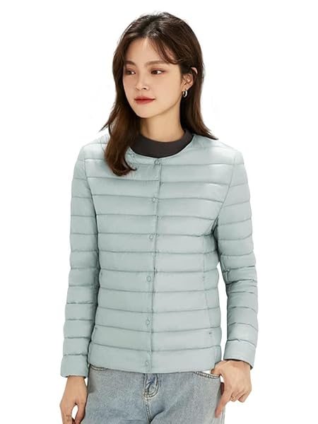 DUZTELYI インナーダウンジャケット レディース ウルトラライト ノーカラージャケット 暖かい 防寒 クルーとVネックの切り替えが可能 DU500 (JP, アルファベット, M, グリーン)