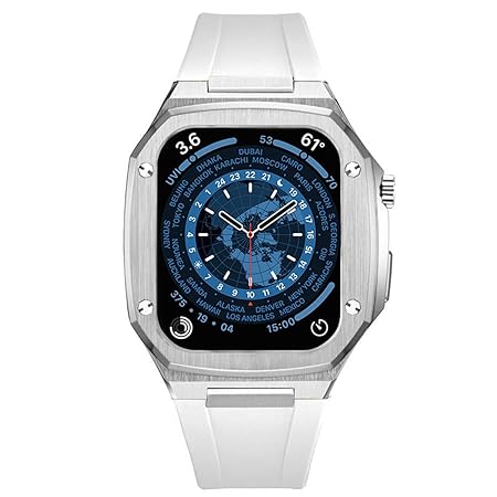 diosbras アップルウォッチ用 ケース for Apple Watch用 バンド カバー ステンレス ケース ラバー ベルト 44mm 一体型 Series 9/SE/8/7/6/5/4/3/2/1に対応 (シルバー/ホワイトラバー/44mm)