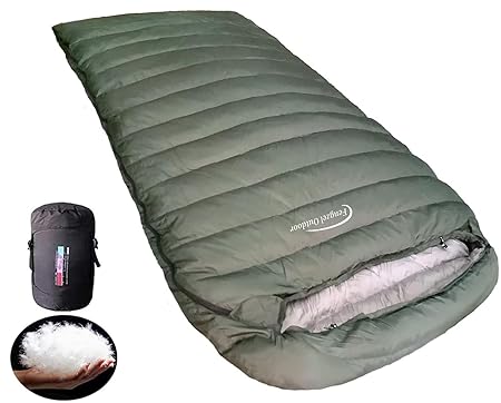 Fengzel Outdoor マミー型二人用寝袋 ダウン率93% 1000-4000g高級羽毛量 左右開閉 全開可能 足が出せる 3シーズン対応 最低使用温度-40℃ キャンプ 防災用 極限厳寒 シュラフ (2000gダウン詰め(冬用),ミリタリー)