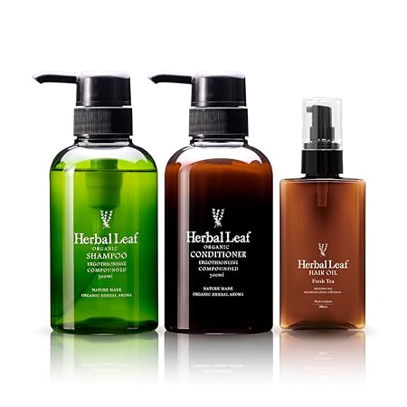 【3点セット】ハーバルリーフ ヘアケア 3点セット オーガニック シャンプー&コンディショナー&ヘアオイル 日本製 (シャンプー/コンディショナー各300ml ヘアオイル100ml)