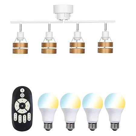 共同照明 シーリングライト 4灯 6畳 北欧 シーリング スポットライト 照明器具 天井 GT-DJ-2DW-6WT-2 LED電球40W形付き 無段階調光調色可能 リモコン対応 E26 ウッドリング モダン おしゃれ カフェ風 天然木 リビング照明 間接照明