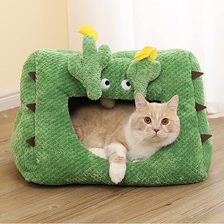 かわいいペットベッド、緑色サボテン三角形猫ベッド、かわいい洞窟猫寝袋,、落ち着く犬ベッド、猫、子犬および小動物ため柔らかく暖かい居心地よいペット用品、6kg以下の猫と子犬用の柔らかく暖かい居心地の良いペット用品 (サボテン)