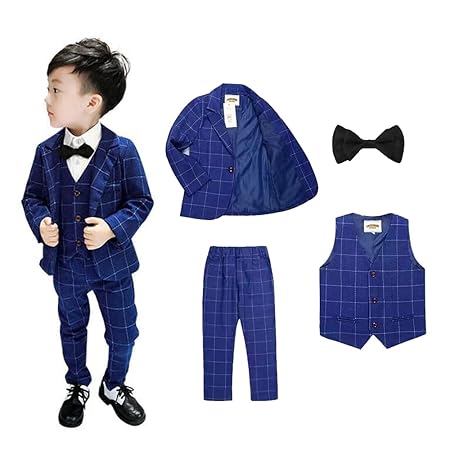 男の子フォーマルスーツ キッズスーツ 3点セット ジャケット、ベスト、ズボン おしゃれ かっこいい 入学式 七五三 卒業式 チェック柄 ブルー グレー ネイビ ダークグレー 90-170(スリムタイプ、1サイズ上を)