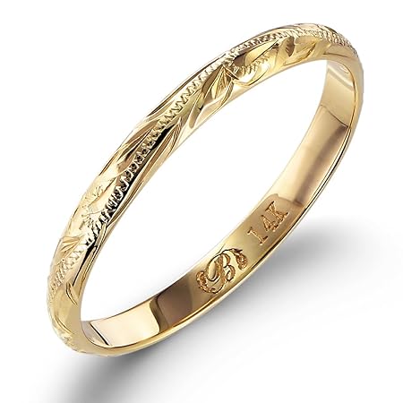 BYTHESEA ハワイアンジュエリー リング 刻印無料 K14イエローゴールド メンズ レディース スクロール バレル 幅2mm 細身 指輪 14K 14金 日本サイズ16号