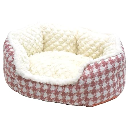 STYRIA あったか キルトボア 千鳥丸形 ペットベッド 犬 猫 ペット ベッド 冬 冬用 通年 暖かい 洗える おしゃれ かわいい ふわふわ 丸 ラウンド リバーシブル (M, ピンク)