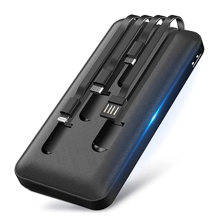 モバイルバッテリー 大容量 【20000mAh & 4ケーブル内蔵】 急速充電 Type-Cケーブル内蔵 携帯充電器 最大2.1A出力 旅行/出張/停電対策/緊急/防災グッズ PSE認証済 安全設計·回路保護 持ち運び便利 機内持ち込み可能 iPhone/iPad/Android各種対応