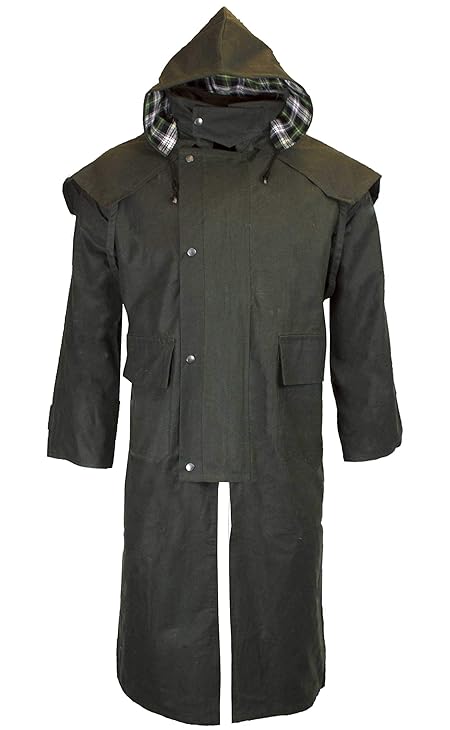 Walker & Hawkes - ユニ ワックス加工 ロングケープ ストックマン フード付きコート, オリーブ, Medium