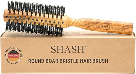 SHASH (シャッシュ) ロールブラシ - ブロー ドライとスタイリング用豚毛 ヘアブラシ, サステナブル オリーブ ブナ材を使用した天然 ヘアブラシ、ドイツ製