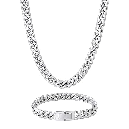 KRKC&CO 喜平ネックレスとブレスレットセット メンズ 幅8mm マイアミキューバンチェーン 18kgp キヘイ 4面カット アクセサリー HIPHOP プレゼント 誕生日 ギフト クリスマス(シルバー(51cm+17.8cm))