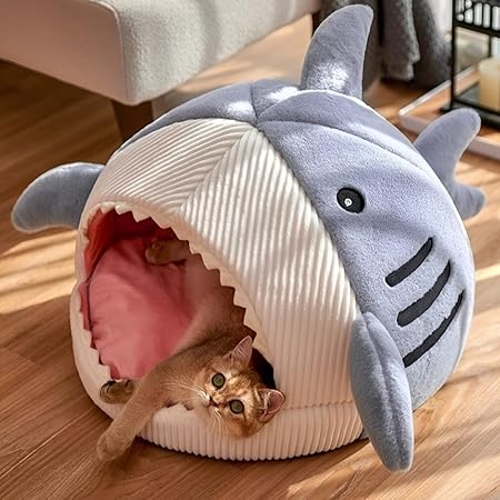 GIIPET-猫 ハウス 冬 サメの形 かわいい 猫ベッド ペットベッド 冬用 暖かい ふわふわ 猫用 ベ ッド 小型犬 キャットハウス クッション 寝床 ペットハウス 冬寒さ対策 ソフトケージ 冬用 暖かいぐっすり眠れる休憩所 滑り止め 室内用 (ブルー, M 48x48x34CM)