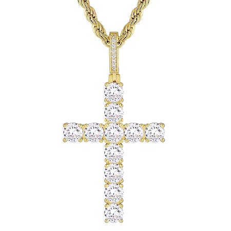 KRKC&CO クロスネックレス 十字架 ペンダントトップ ロープチェーン付き 【2点セット】 大粒 CZダイヤ ジルコニア 14金メッキ メンズ アクセサリー おしゃれ 人気 プレゼント