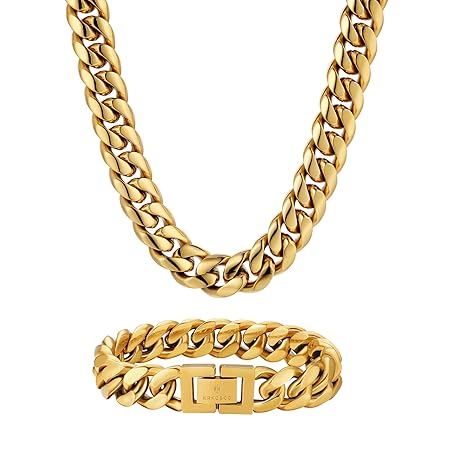 KRKC&CO 喜平ネックレス&ブレスレット 幅12mm メンズ チェーン 4面カット HIPHOP プレゼント 誕生日 (18Kゴールド(51+19))