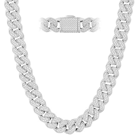 KRKC&CO 喜平ネックレス ジルコニア マイアミ キューバンチェーン 12mm ホワイトゴールドメッキ CZダイヤ 太目 メンズネックレス チョーカー ヒップホップ ダンサー ラッパー アクセ 46cm