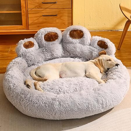YPDOPORA かわいい犬小屋マットレス、暖かいペット犬用ベッド、犬用ベッド猫ペットソファかわいいクマの足の形の居心地の良い居心地の良いペットの睡眠ベッド、柔らかくふわふわのフェイクファー猫クッション犬用ベッド、小型犬、中型犬、大型犬用,グレー,3XL