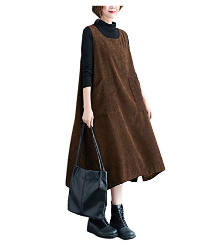 [Ksila] ワンピース レディース 秋冬 コーデュロイ サロペット スカート オーバーオール ジャンパースカート ロング丈 体型カバー 無地 オールインワン 大きいサイズ(XLコーヒー)