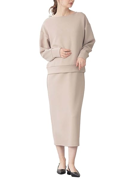 [ANGELIEBE エンジェリーベ] マタニティ 授乳服 ワンピース 出産後も長く使える カットソー セットアップ風 ワンピ 産前 産後 妊婦 長袖 ダンボールニット L オフべージュ 10213270