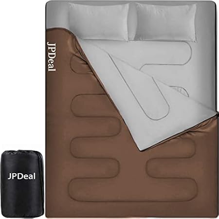 JPDeal 寝袋 封筒型 シュラフ 2人用 保温 軽量 210T防水シュラフ 連結可能 コンパクト アウトドア 登山 キャンプ 避難用 車中泊 丸洗い可能 収納パック付 枕付き（ブラウン）