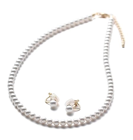 [VOTRE COUTURE] ベビーパール ネックレス ピアス イヤリング セット 5mm グランプレミアム 真珠 ホワイト シルバー ゴールド (真鍮イヤリング（ゴールド）, 41cm)