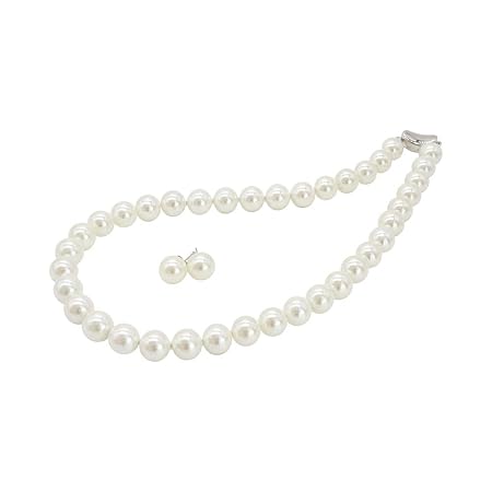 [咲屋] パール ネックレス 高級版 冠婚葬祭 真珠 黒真珠 フォーマル イヤリング ピアス セット 結婚式 パーティー 葬式 貝パール ネックレス 10mm42cm ホワイト シルバーブラック ピーコック (ホワイト/ピアス)