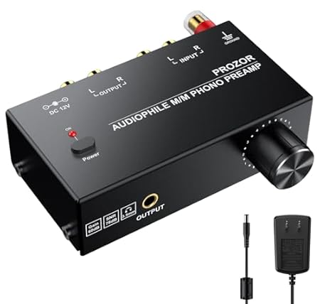 PROZOR フォノプリアンプ M/M 音量調整+レベル調整 3.5ｍｍヘッドホン RCA出力 蓄音機アンプ 電源アダプタ付き 金メッキインターフェース