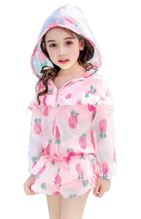 [レモンツリーセブン] 可愛い 女の子 水着 3点セット タンキニ 水着 キッズ 水着 上下セット セパレート みずぎ いちご ラッシュガード フード付き ジュニア パイナップル フルーツ