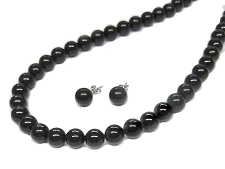 [あなたと私の宝石箱] 天然ジェットネックレス・イヤリングorピアスセット8.0mm珠【ギフトラッピング済み】 (42cm ピアス)