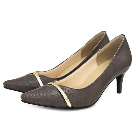 [アミアミ] パンプス 6センチヒール レディース メタルラインポインテッドトゥ 歩きやすい 美脚 KH7925 (LL(24.5cm), ブラウン型押し)