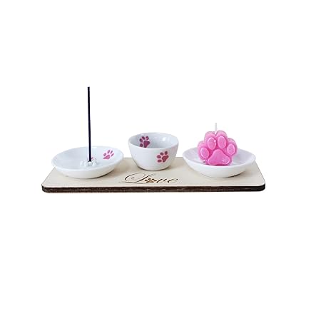 ペット 仏具 セット ウッドトレー 木製スタンド LOVE 肉球 プリント ペット供養 かわいい (ピンク)