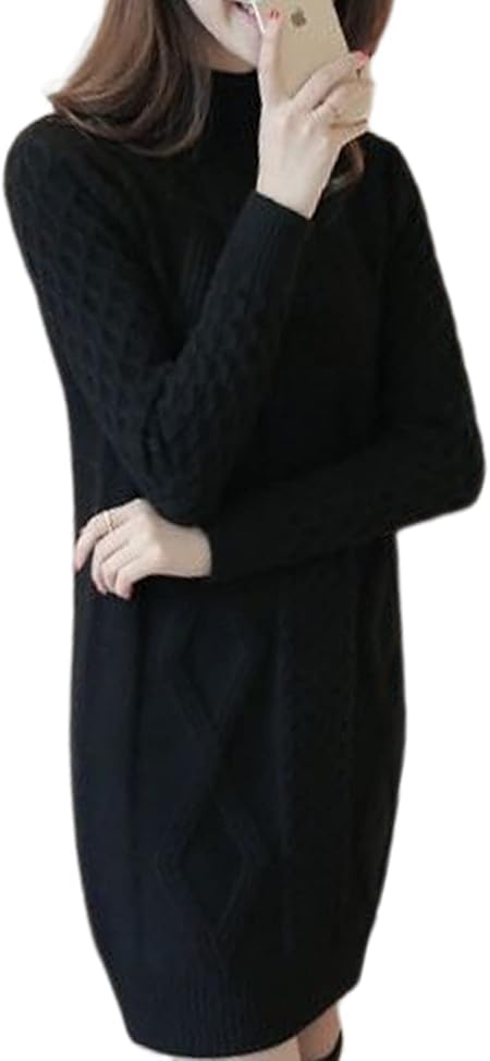 [ニューネ] ハイネック ケーブルニット チュニック ケーブル編み ロング セーター 秋冬 冬 防寒 無地 厚地 厚手 部屋着 普段着 学生 通勤 スリム ストレッチ ボリューム モックネック リブセーター オシャレ カジュアル ナチュラル ホーム アウトドア ビジネス オフィス スクール パジャマ パジヤマ 柔らかい 暖かい あたたかい あったか にっと かぶり ブラック 2A-W09-BKM