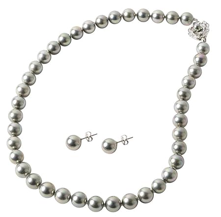 パールネックレス 【 日本製 花珠貝パール 】 大粒 真珠のネックレス 【 選べる パールピアス イヤリング セット 】真珠 9mm 結婚式 冠婚葬祭 卒業式 入学式 アクセサリー [ まつよ 花珠貝パール ] 長さ: 42cm 45cm 色: ホワイト グレー セット: イヤリング ピアス (45cm グレー/ピアスセット)