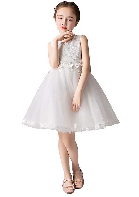 [OMZIN] 子供ドレス 女の子 フォーマル 発表会 結婚式 ノースリーブ フラワーガール ワンピース パーティドレス女児 花びら ロングドレス 入園式 ホワイト 130
