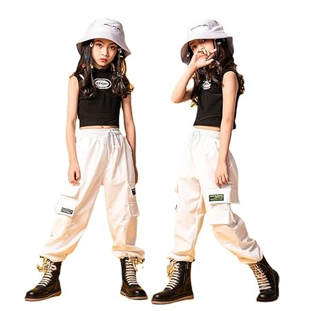 ダンス 衣装 ヒップホップ 袖なし 白パンツ ダンス衣装キッズ ヒップホップ 子供 HIPHOP カーゴパンツ ガールズ 練習着 韓国風 ダンス衣装 JAZZ ダンスウェア 子ども スポーツウエア 演出服 (トップス+パンツ,140)