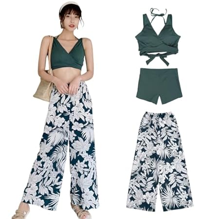 [Teddy] 水着 レディース 体型カバー タンキニ Vネック ビキニ ワイドパンツ 3点セット hys2318 (グリーン×リーフ, M(7号))