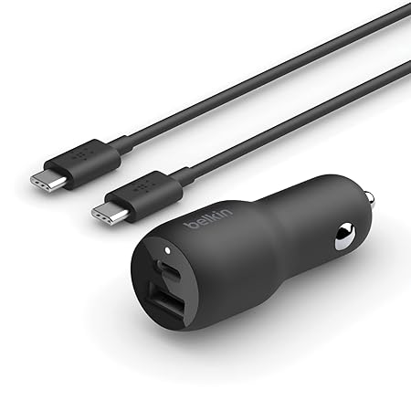 Belkin 37W デュアルポート 高速カーチャージャー 3.3フィートのUSB-Cケーブル付属 USB-C 25W PPSポート USB-A 12Wポート Galaxy S23 S23+ Ultra、Note20、iPhone 14、13、12、11、Pro、Max、Miniなど用
