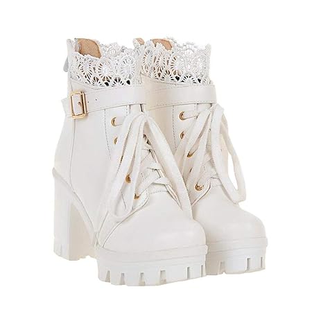 [Guoyupika] ショートブーツ レディース コスプレシューズ レース付き 黒 白 PU ショート丈 ハイヒール レースアップブーツ おしゃれ 無地 歩きやすい 通勤 通学 大きいサイズ (ホワイト, measurement_22_point_5_centimeters)