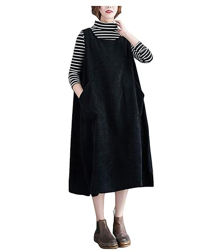 [Ksila] ワンピース レディース 秋冬 コーデュロイ サロペット スカート オーバーオール ジャンパースカート ロング丈 体型カバー 無地 オールインワン 大きいサイズ(M黒)