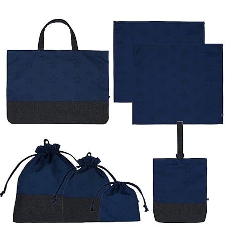 [よつば洋品店オリジナル] デニム切替入園入学7点セット ブラックネイビースター【QO-YY350】 レッスンバッグ＋シューズケース＋体操着バッグ巾着＋シューズバッグ巾着＋コップ袋＋ランチョンマット2枚