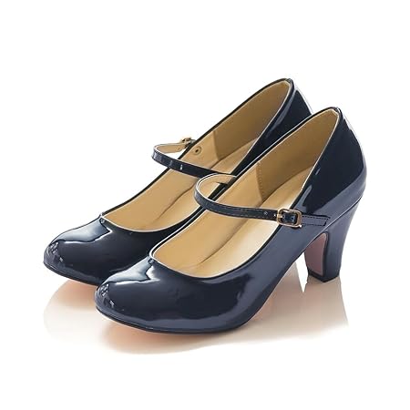 [メヌエ] キレイめ ラウンドトゥ ストラップ パンプス [6cmヒール] レディース 歩きやすい ハイヒール 小さいサイズ 大きいサイズ ミッドナイトブルー/エナメル調 -230