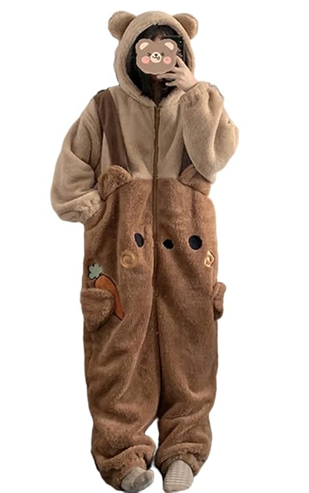 [osseoca] ルームウェア 冬用 パジャマ クマ ロンパース オーバーオール オールインワン 着ぐるみ 部屋着 寒さ対策 ふわふわ (L, クマ)