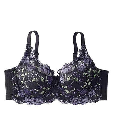 [ニッセン] ブラジャー 脇高フルカップブラジャー（チューリップ柄）（日本製レース）（トリンプ） 黒×パープル F75