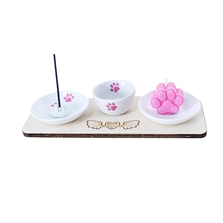 ペット 仏具 セット ウッドトレー 木製スタンド エンジェルハート 肉球 プリント ペット供養 かわいい (ピンク)