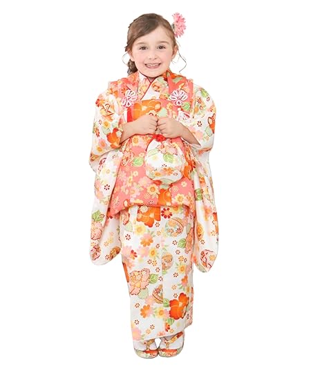 [KYOETSU] [キョウエツ] 着物セット 七五三用 3歳用 被布セット 華やかA 9点セット(柄被布、柄着物、伊達衿、長襦袢、髪飾り、巾着、草履、腰紐、足袋) ガールズ (8.椿の橙雅)