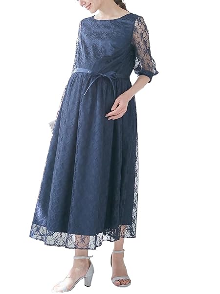 [ANGELIEBE エンジェリーベ] マタニティ ワンピース 授乳服 総レース ロング ワンピ サテンリボンベルト付 産前 産後 フォーマル M-L ネイビー×ネイビー 29290302