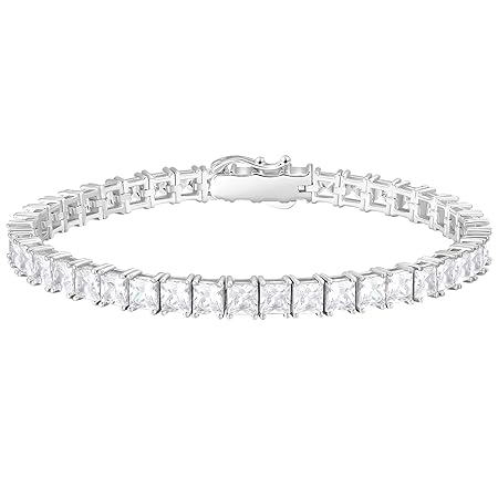 KRKC&CO テニスブレスレット シルバー925 プリンセスカット ジルコニア 2/3/4mm レディース ブレスレット K14金/ホワイトゴールドメッキ 4本爪 CZダイヤ キラキラ ジュエリー ブリンブリン ギフトボックス付 (4mm-シルバー, 16.5)