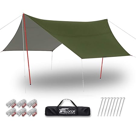 FIELDOOR ヘキサ タープ Mサイズ 440×470cm 【カーキ】 ＆アルミポール 直径32mmx2本 【レッド】 & ポール用収納バッグ キャリーバッグ＋ロープ＋ペグ＋アルミ自在金具付 4～6人用 UVカット シルバーコーティング
