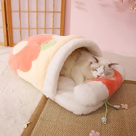 (HZYSHH正規ブランド) 猫 布団、かわいいペットベッド、枕付きさくら猫寝袋、かわいい洞窟猫ベッド、心を落ち着かせる犬ベッド、6kg以下の猫と子犬用の柔らかく暖かい居心地の良いペット用品 (桜寝袋-ピンク)