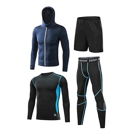 [G-UYO] 男の子 キッズ コンプレッションウェア パワーストレッチ 長袖 上下2/3/4点セット 女の子 Tシャツ ロングパンツ スポーツタイツ インナー ジュニア用 ユース サッカー ボーイズ 男女兼用 4色 [UVカット・吸汗速乾] (130, ブルー（4着セット）)